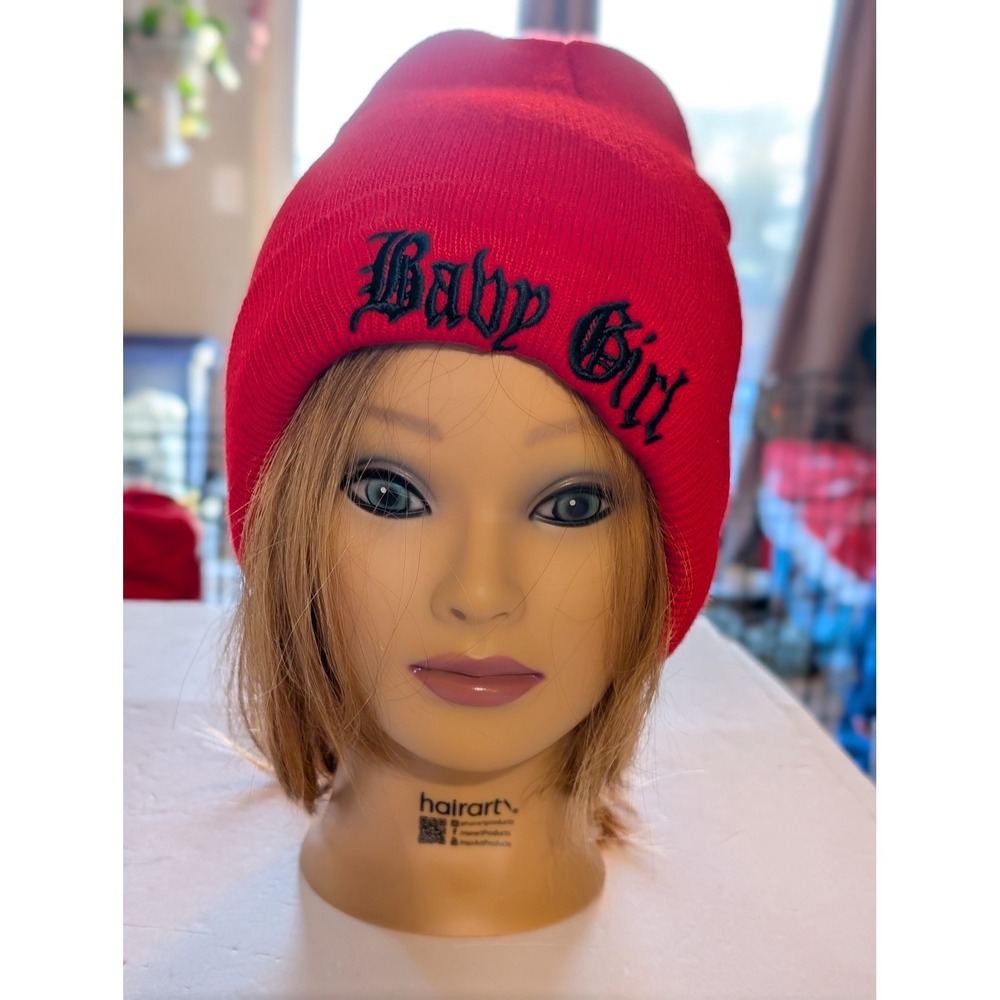Baby Girl Gothic Embroidered Knit Beanie Red Y2K Streetwear Hat OS